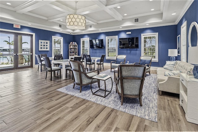 living room with crown molding, light hardwood / wood-style flooring, coffered ceiling, and beamed ceiling