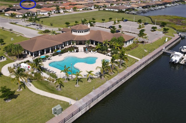 aerial view featuring a water view