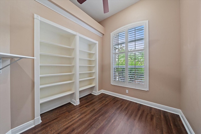 interior space with dark hardwood / wood-style flooring and ceiling fan