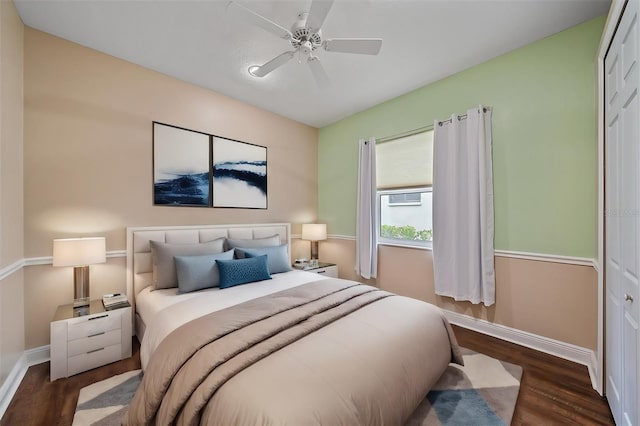 bedroom with dark wood-type flooring, a closet, and ceiling fan