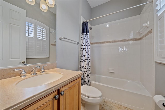 full bathroom with tile patterned flooring, shower / bath combination with curtain, toilet, and vanity