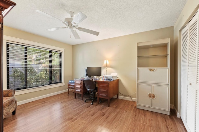 office space with ceiling fan, light hardwood / wood-style floors, and a textured ceiling