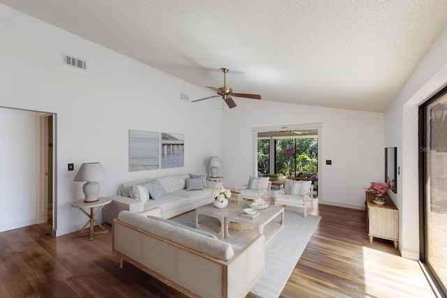 3601 Quail Hollow Ln, Bradenton, FL 34210 - living room featuring wood finished floors, ceiling fan, high vaulted ceiling, and a textured ceiling