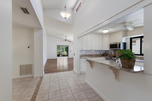3601 Quail Hollow Ln, Bradenton, FL 34210 - kitchen featuring appliances with stainless steel finishes, a ceiling fan, light stone countertops, a kitchen breakfast bar, and white cabinetry