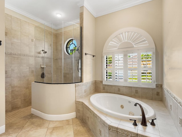 bathroom featuring tile patterned floors, separate shower and tub, and ornamental molding