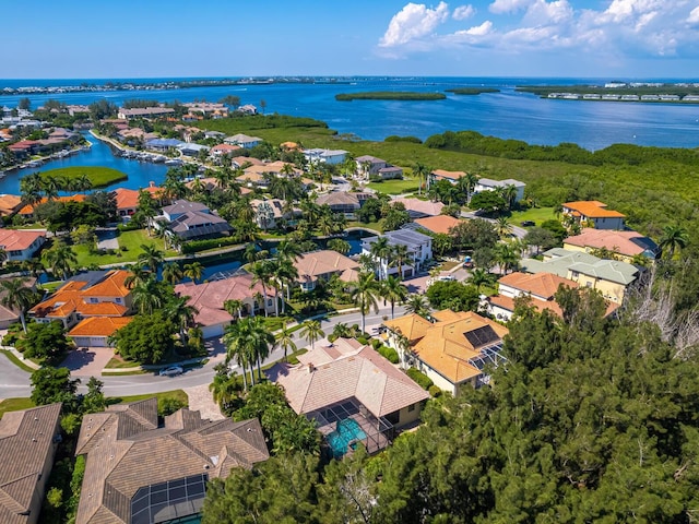 drone / aerial view featuring a water view