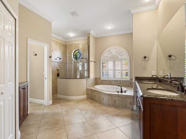 bathroom with tile patterned floors, separate shower and tub, vanity, and ornamental molding