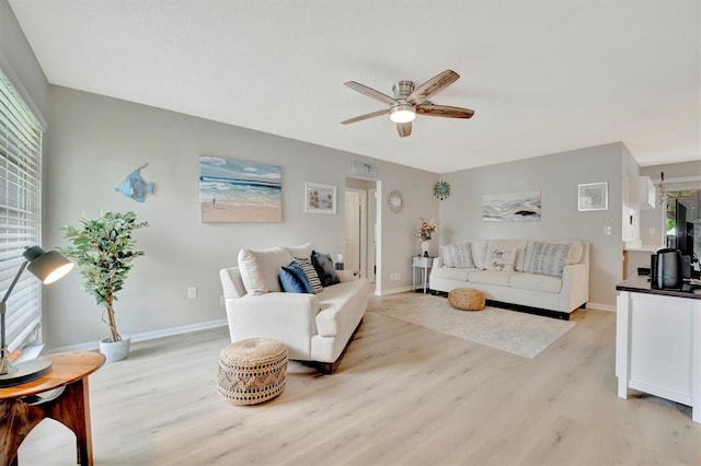 living room featuring a healthy amount of sunlight, ceiling fan, and light hardwood / wood-style flooring