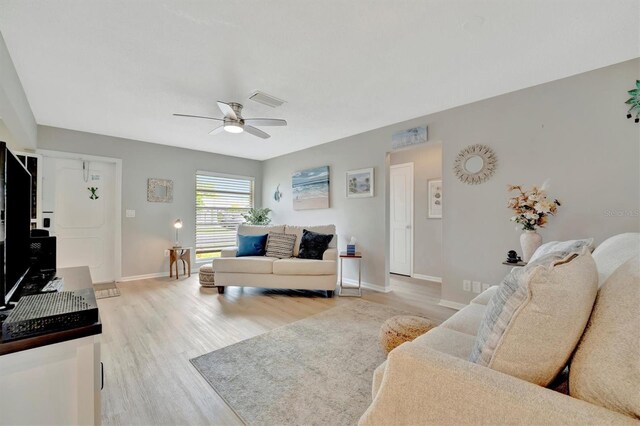 living room featuring ceiling fan and light hardwood / wood-style flooring