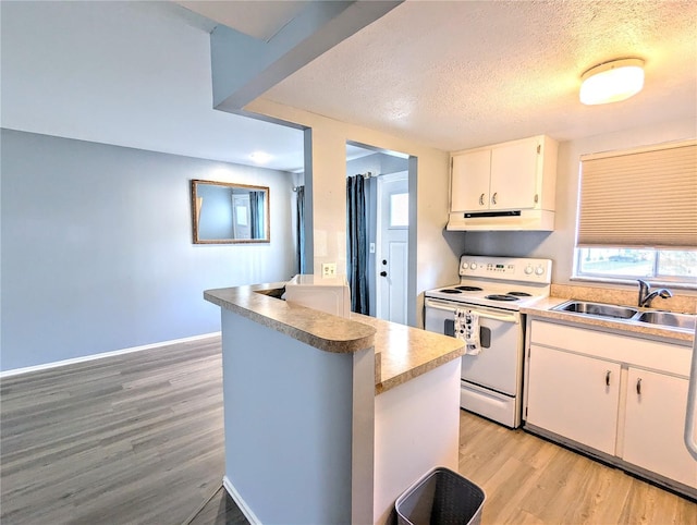 kitchen featuring kitchen peninsula, light wood-type flooring, a textured ceiling, electric range, and white cabinets