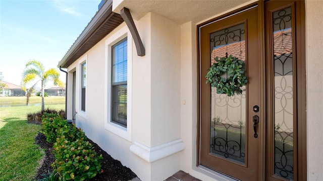 view of exterior entry with a yard and stucco siding