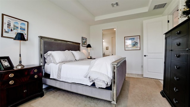 carpeted bedroom featuring a raised ceiling