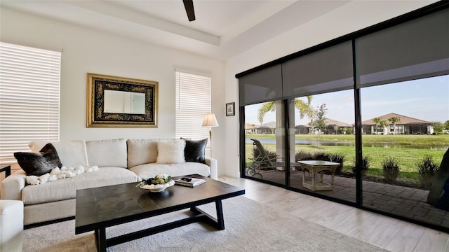 living room featuring light hardwood / wood-style floors and ceiling fan