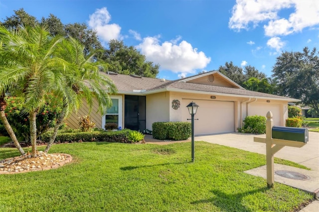 ranch-style home with stucco siding, a garage, concrete driveway, and a front lawn