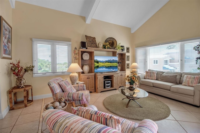 tiled living room with vaulted ceiling with beams