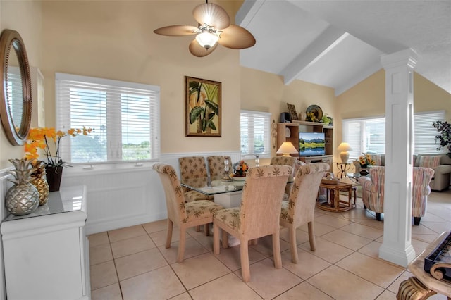 dining space with a healthy amount of sunlight, ceiling fan, and light tile patterned floors