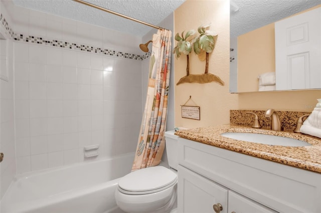 full bathroom with vanity, toilet, shower / tub combo with curtain, and a textured ceiling