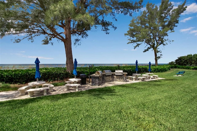 view of yard featuring a water view, area for grilling, and a patio area