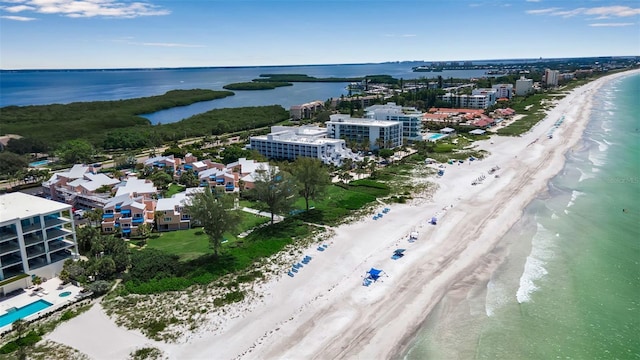 aerial view featuring a beach view and a water view