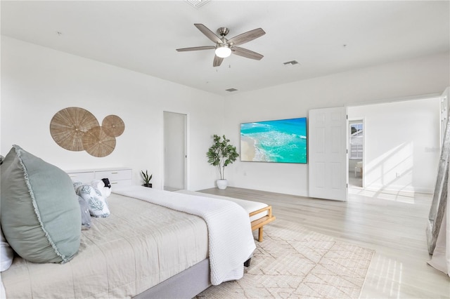 bedroom featuring ceiling fan and light hardwood / wood-style flooring