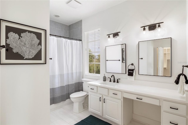 bathroom featuring vanity, toilet, walk in shower, and tile patterned floors