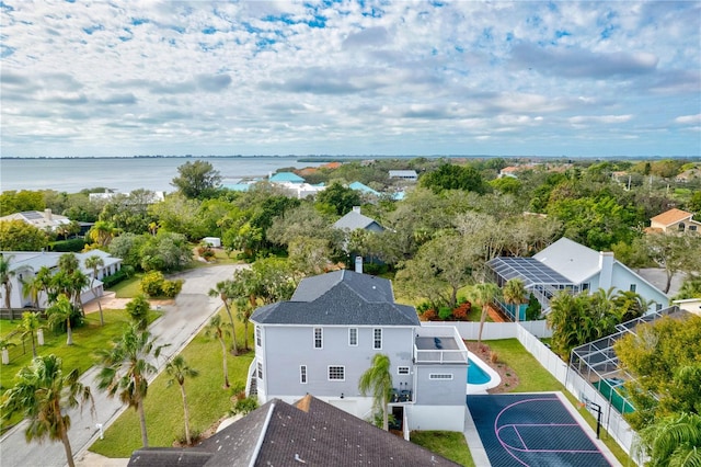 drone / aerial view featuring a water view