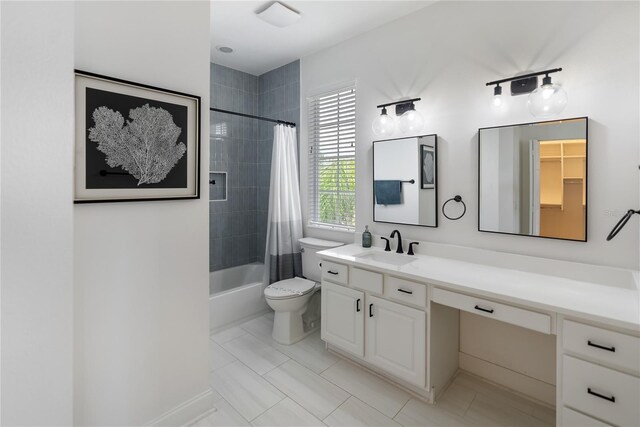 full bathroom with tile patterned flooring, shower / bath combination with curtain, toilet, and vanity