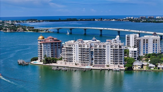 bird's eye view with a water view