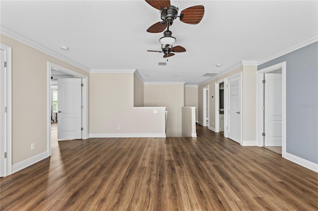 unfurnished living room featuring crown molding, dark hardwood / wood-style floors, and ceiling fan