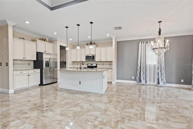 kitchen with decorative light fixtures, a kitchen island with sink, stainless steel appliances, and ornamental molding