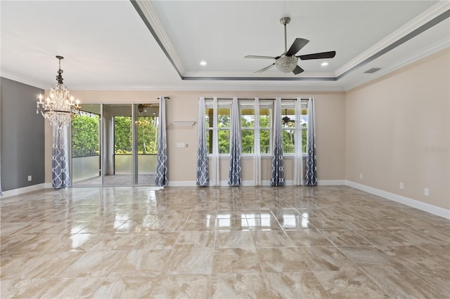 unfurnished room featuring ceiling fan with notable chandelier, plenty of natural light, and crown molding