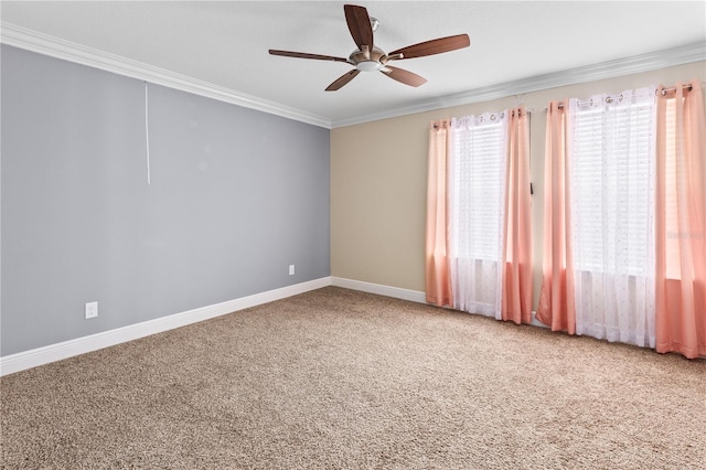 spare room featuring ornamental molding, ceiling fan, and carpet floors