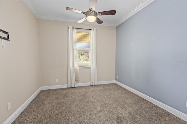 carpeted spare room with ceiling fan and crown molding