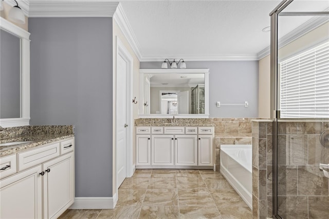 bathroom with vanity, plus walk in shower, crown molding, and a textured ceiling