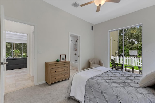 bedroom featuring light colored carpet, ceiling fan, multiple windows, and access to exterior