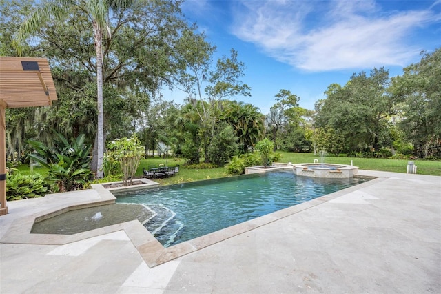 view of swimming pool with a lawn, a patio, and an in ground hot tub