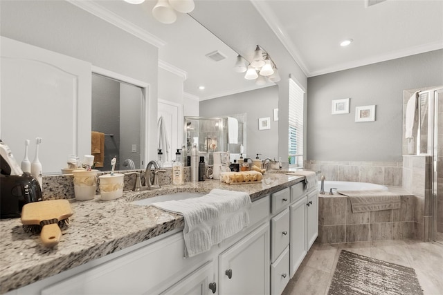 bathroom with ornamental molding, vanity, plus walk in shower, and ceiling fan