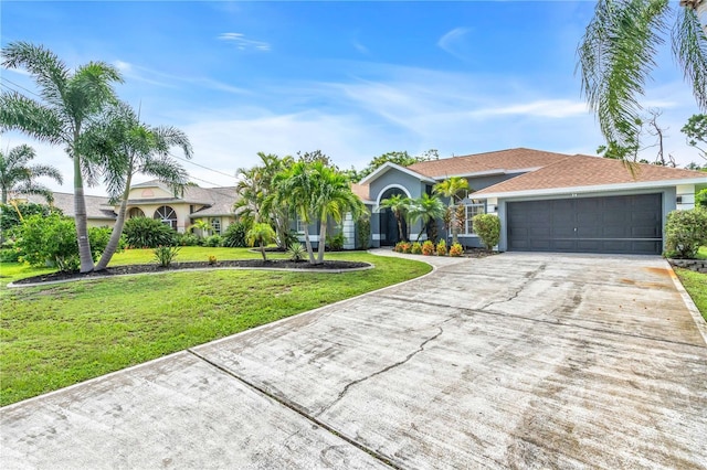 view of front of house featuring stucco siding, an attached garage, concrete driveway, and a front lawn