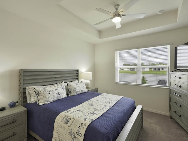 bedroom with a raised ceiling, ceiling fan, and dark carpet