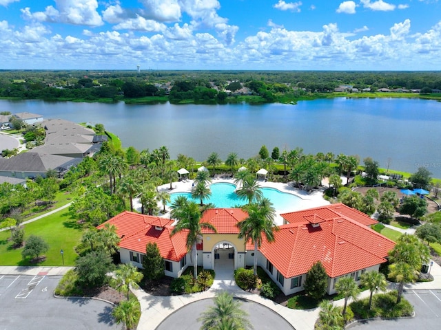 drone / aerial view with a water view