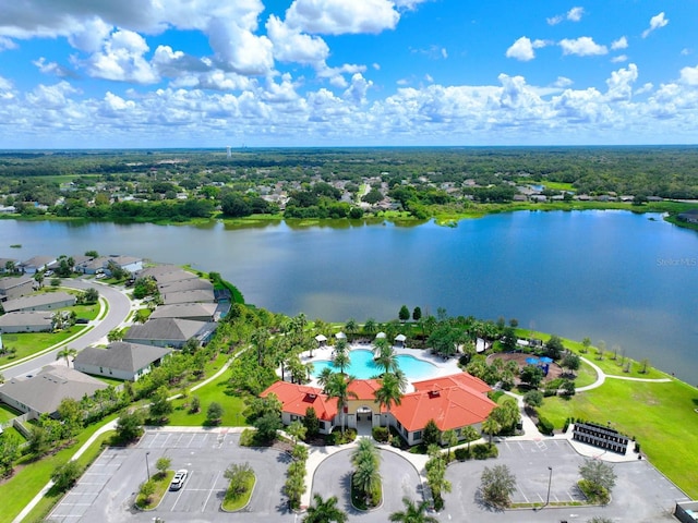 birds eye view of property featuring a water view