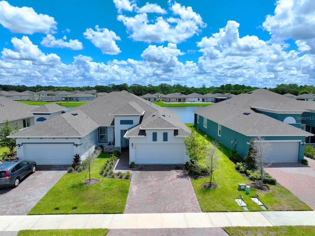 view of front of property featuring a garage and a front lawn