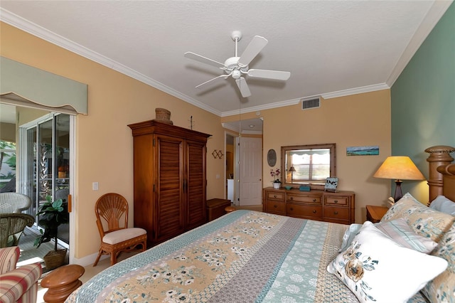 bedroom featuring crown molding, access to exterior, and ceiling fan