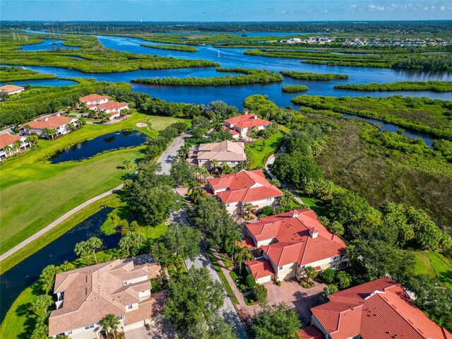 aerial view featuring a water view