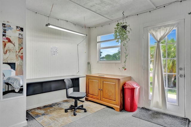 office area featuring light colored carpet