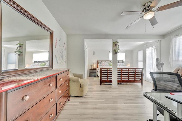 living area with ceiling fan, plenty of natural light, and light hardwood / wood-style flooring