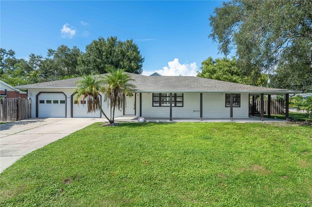 ranch-style home with a porch, a garage, and a front yard