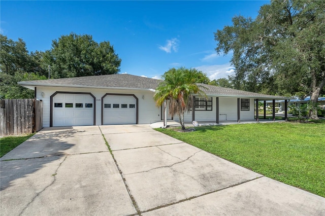 ranch-style house featuring a garage, covered porch, and a front yard