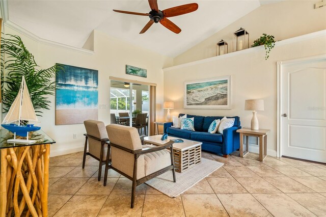 living room with ceiling fan, light tile patterned floors, and high vaulted ceiling