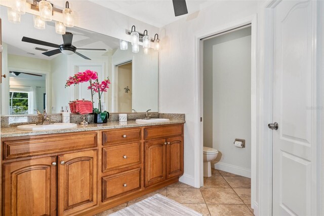 bathroom with tile patterned flooring, ceiling fan, toilet, and vanity